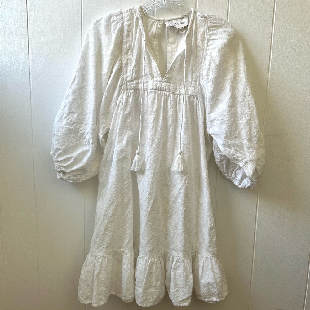 Cleobella White Boho Chic Mini Dress Tassel Puff Sleeve Textured Women’s S